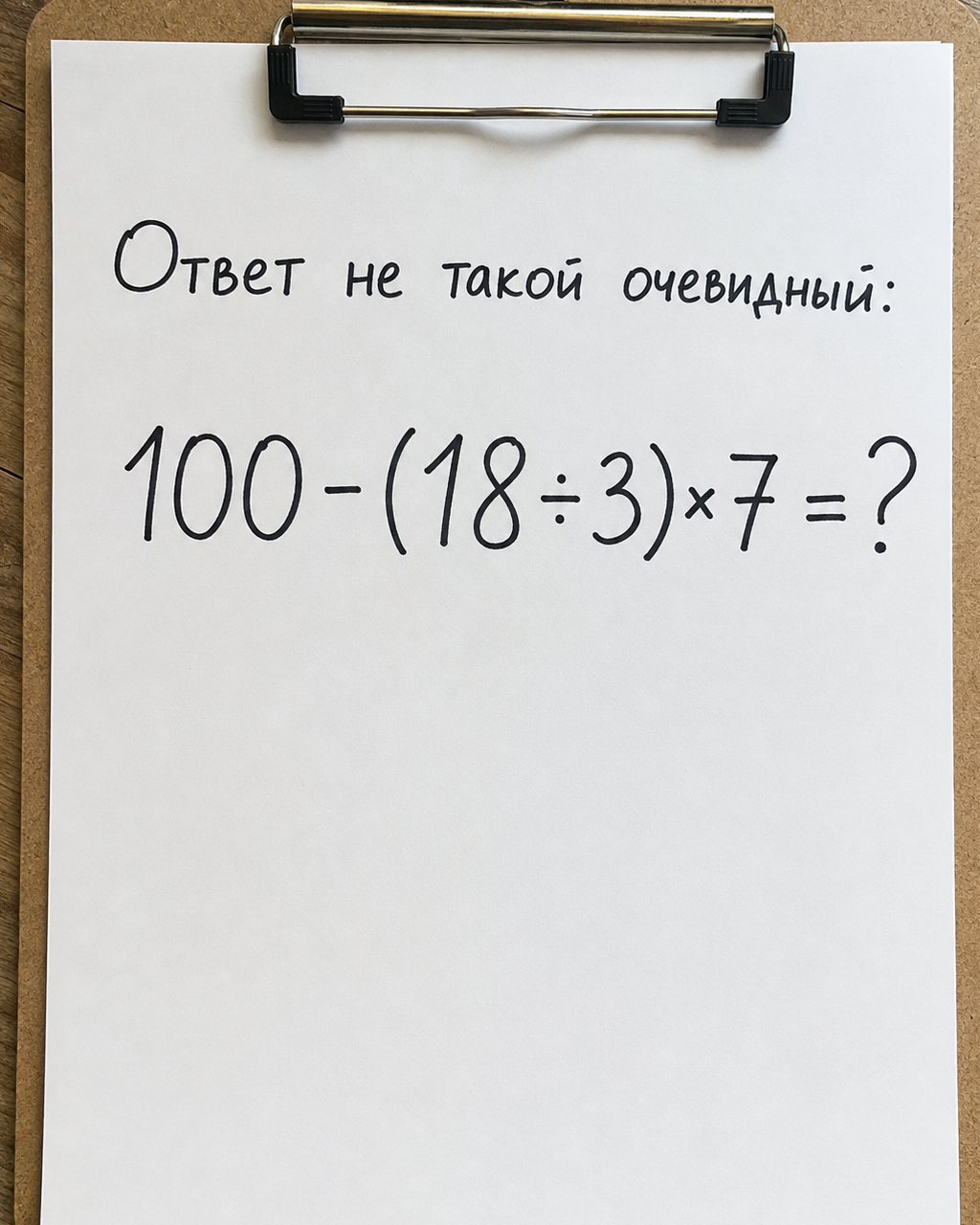 Сколько получится: 100 - (18 ÷ 3)×7?