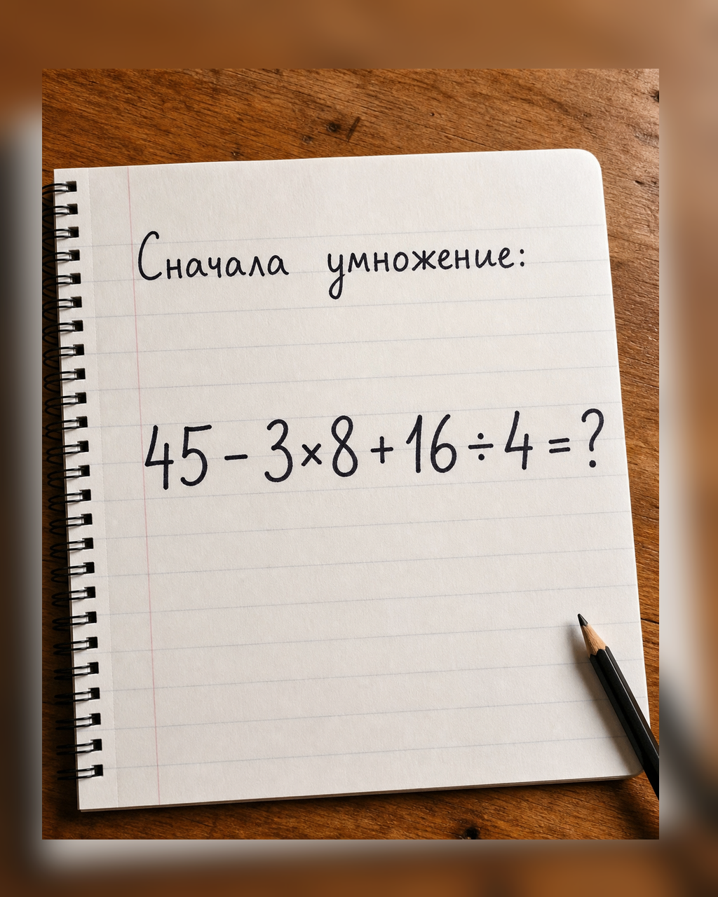 Сколько получится: 45 - 3×8 + 16 ÷ 4?