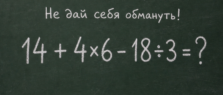 Правильный ответ на пример: 14 + 4×6 - 18÷3 = ?